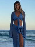 Women Sweater Dress Long Sleeve Knitted Two-Piece Seaside Skirt