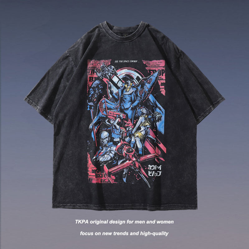 Men T Shirt Cotton Short-Sleeved T-shirt Men and Women Distressed Letters Anime Print