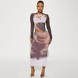 Woman Dresses Women's Spring Printing Color Contrast round Neck Long Sleeve T-shirt