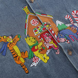Men Long Sleeved T Shirt Cartoon Embroidered Washed Denim Shirt Coat Spring and Autumn Loose Long Sleeve Shirt