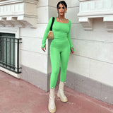 Women Co-Ord Set Winter Woman Square-Neck Long Sleeve Solid Color Slim Fit