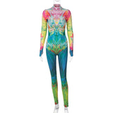 Women Jumpsuit Winter Fashion Printing Slim Fit Long Sleeve Jumpsuit