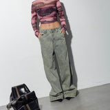 Women Cargo Pants Stitching Distressed Straight Wide Leg Jeans for Women