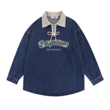 Men Long Sleeve T Shirt Denim Top Drawstring Polo Shirt Men's Spring and Autumn Long Sleeve Denim Shirt
