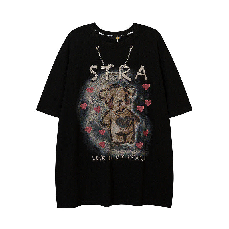 Men T Shirt Bear Graffiti Short Sleeve T-shirt Men and Women Loose-Fitting Casual round-Neck