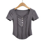 Women T-Shirt Short-Sleeved T-shirt Summer Stitching Button
