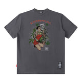 Men T Shirt Amekaji Vintage Printed Pure Cotton Loose Short Sleeve T-shirt for Men and Women