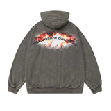 Men Hoodie Flame Printed Hoodie Washed Old and Dirty Loose Top