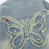 Men Denim Jacket Butterfly Paste Cloth Embroidery Denim Jacket Men's Washed and Worn Coat