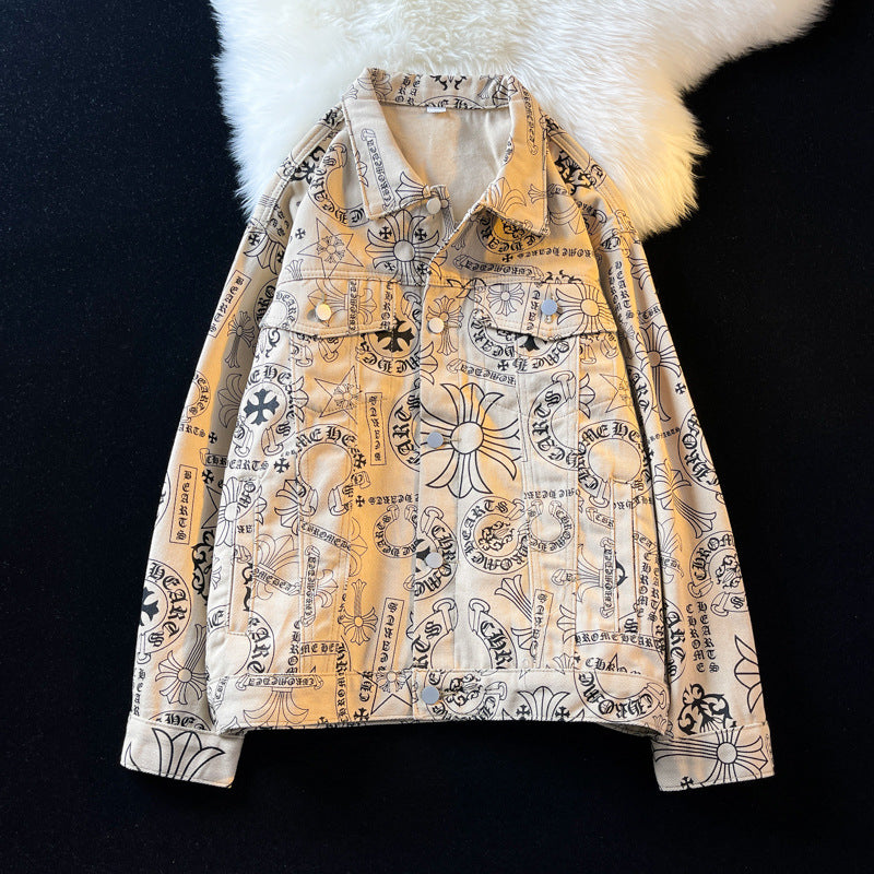 Graffiti Bomber Jacket Denim Coat for Men Spring and Autumn