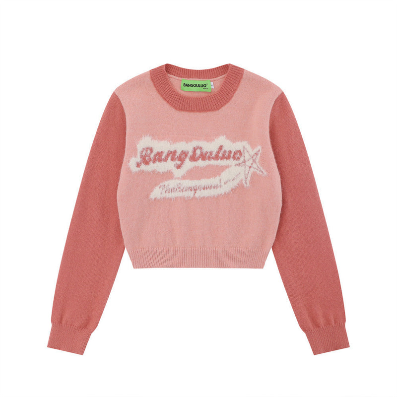 Women Sweater Color-Block Crew Neck Short Sweater Letter Autumn Sweater