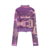 Women Long Sleeve T-Shirt Printed Half-High Collar Long Sleeves T-shirt Casual