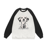 Men Hoodie Dog Print Raglan Long Sleeve Crew Neck Sweater