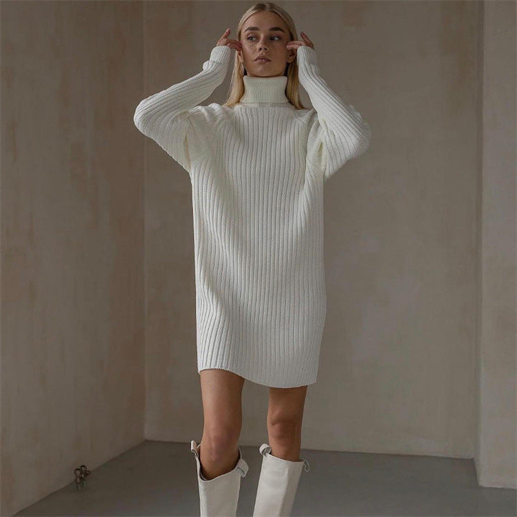 Women Sweater Dress Long Sleeve High Collar Sweater Dress Women Casual Loose