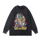 Men Long Sleeve Shirt Vintage Washed and Worn Anime Print Long Sleeve T-shirt for Men and Women