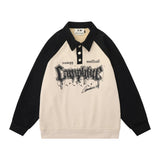 Men Hoodie Color-Block Raglan Sleeves Lapel Sweater Long Sleeve Pullover Polo Collar Loose Top
