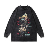 Men Long Sleeve Shirt Anime Print Washed and Worn T-shirt with Long Sleeves Hoodie Men and Women