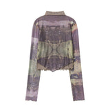 Women Long Sleeve T-Shirt Printed Half-High Collar Long Sleeves T-shirt Casual