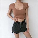 Women T-shirt Summer High Waist T-shirt Short Cotton Top