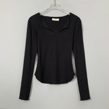 Women Long Sleeve Shirt V-neck Slim Slimming Curved Waist-Controlled Top Long Sleeve