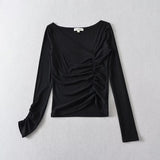 Women T-Shirt Casual Versatile Pleating Long Sleeve Bottoming T-shirt