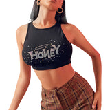Women Halter Tops Spring Letter Rhinestone Slim Vest