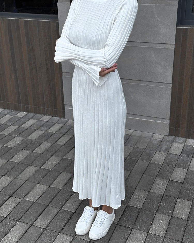 Women Sweater Dress Knitted Long Sleeve Middle Female round-Neck High Waist Dress