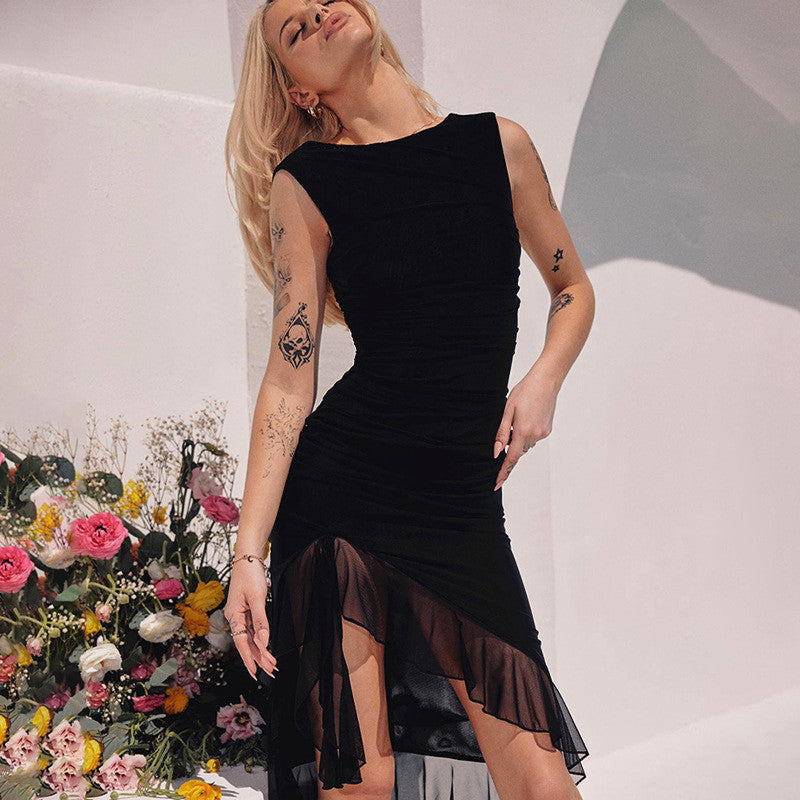 Women Desses round Neck Sleeveless Mesh Stitching Dress