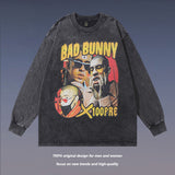 Men Long Sleeve Shirt Portrait Printing Vintage Distressed Long Sleeve Bottoming T-shirt for Men and Women