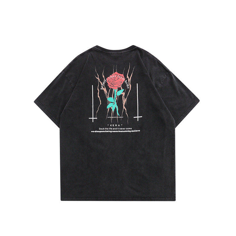 Men T Shirt Rose Printed Short-Sleeved T-shirt Men and Women Couple Loose Top