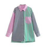 Women T-Shirt Pinstripe Loose Multicolor Shirt Long Sleeve Summer