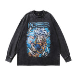 Men Long Sleeve Shirt Vintage Cartoon Printed Distressed Long Sleeve T-shirt for Men and Women Couple
