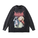 Men Long Sleeve Shirt Gothic Rose Skull Printed Long Sleeve T-shirt Men and Women Washed Distressed