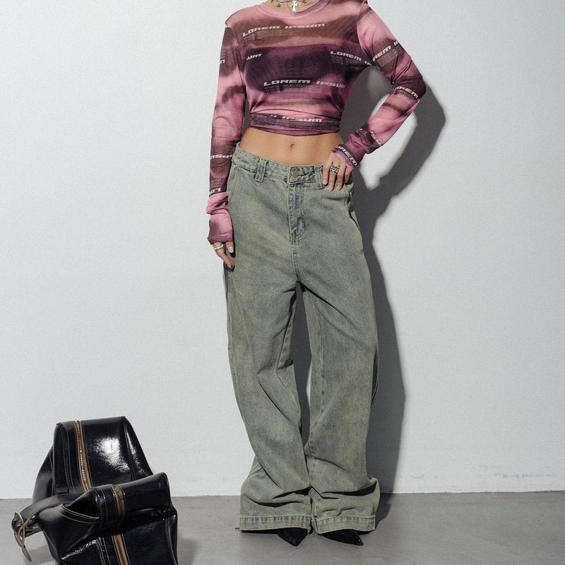 Women Cargo Pants Stitching Distressed Straight Wide Leg Jeans for Women