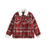 Unisex Jacket Winter American Vintage Red Grid Cotton-Padded Coat for Women