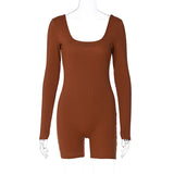 Women Jumpsuit Solid Color U-Collar Slim Fit Slimming Long Sleeves Jumpsuit