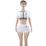 Women Co-Ord Set Polo Collar Cardigan Baseball Uniform Zipper T-shirt
