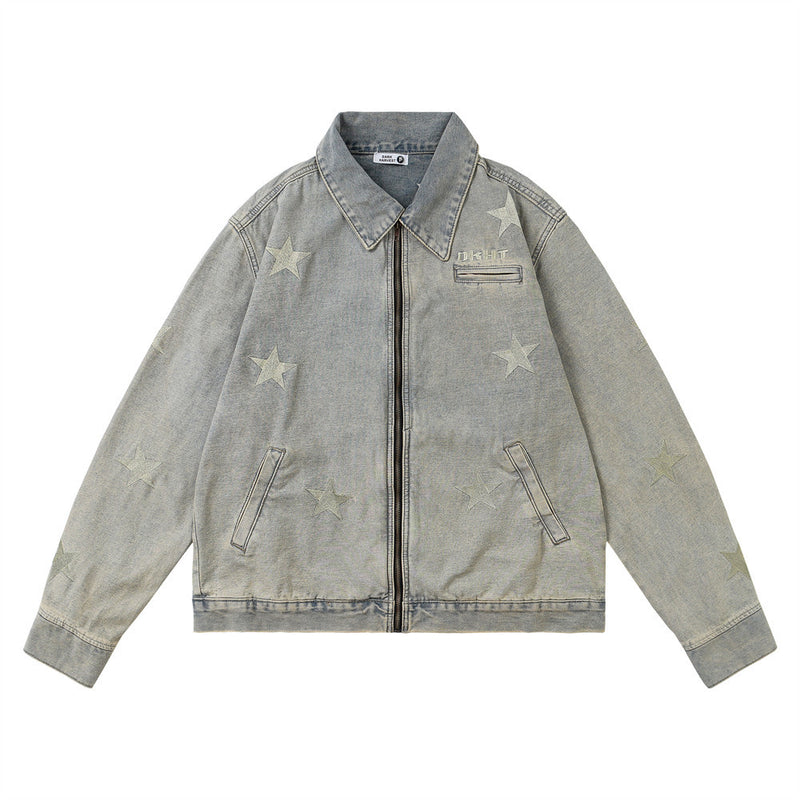 Men Denim Jacket Washed Do the Old Cowboy Coat Men's Embroidered Lapel Jacket
