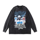 Men Long Sleeve Shirt Printed Washed Long Sleeve T-shirt Men and Women Street