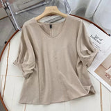 Women T-Shirt Cotton Linen V-neck Batwing Shirt Short Sleeve