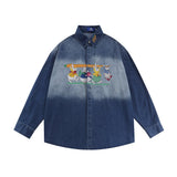 Men Long Sleeved T Shirt Denim Shirt Men Cartoon Embroidery Rabbit Long Sleeve Shirt Coat