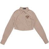 Women Long Sleeve Shirt Women's Spring and Autumn Leisure Embroidered Short Long Sleeve Shirt with Vertical Stripes
