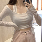 Women's Long Sleeve Shirt Autumn Top Women's Drawstring Short Long Sleeve