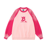 Men Hoodie Color-Block Raglan Sleeves Inkjet Sweater Flocking Letter Embroidery Pullover Loose