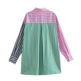 Women T-Shirt Pinstripe Loose Multicolor Shirt Long Sleeve Summer