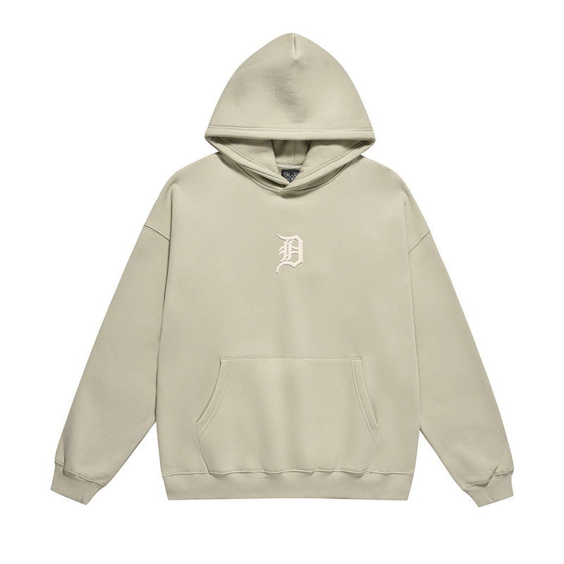 Men Fleece Lined Hoodie Autumn Winter Sweater Male Letter Embroidered Loose Hooded Pullover Long Sleeve Top