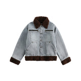 Unisex Jacket Winter Lamb Wool Stitching Denim Cotton Coat