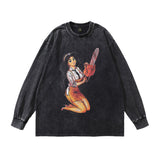 Men Long Sleeve Shirt Cartoon Printed Distressed Long Sleeve T-shirt Men's and Women's Bottoming Top