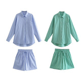 Women T-Shirt Summer Loose Casual Striped Shirt Shorts Suit