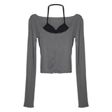 Women Long Sleeve Shirt Gray, Long Sleeve Vest Camisole Short Top